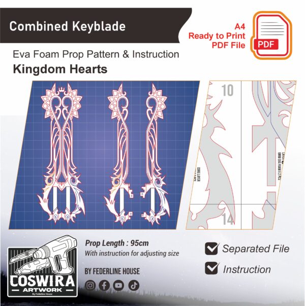 Prop Pattern: Combined Keyblade from Kingdom Hearts Cosplay Template Blueprint PDF