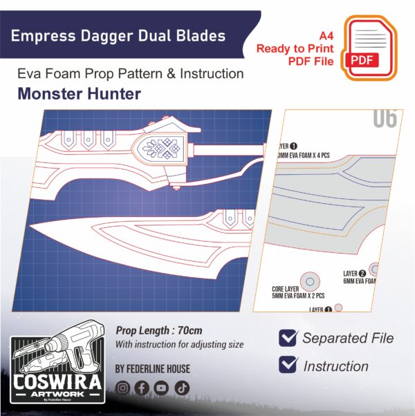 Empress Dagger 1 Prop Pattern: Empress Dagger Dual Blades from Monster Hunter Cosplay Template Blueprint PDF