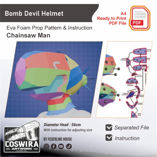 Bomb Devil Helmet Prop Pattern Template – EVA Foam Pattern for Cosplay & DIY Builds Inspired by Chainsaw Man