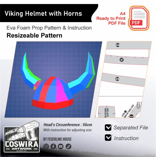 Prop Pattern: Viking Helmet with Horns Resizable EVA Foam Cosplay Template Blueprint PDF