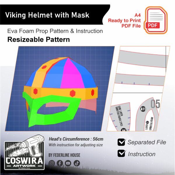 Prop Pattern: Viking Helmet with Mask Resizable EVA Foam Cosplay Template Blueprint PDF