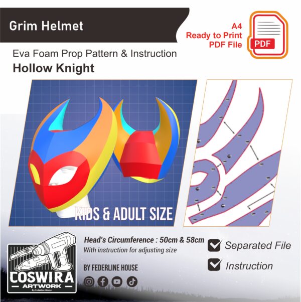 Grim Helmet Prop Pattern Template – EVA Foam Pattern for Cosplay & DIY Builds Inspired by Hollow Knight