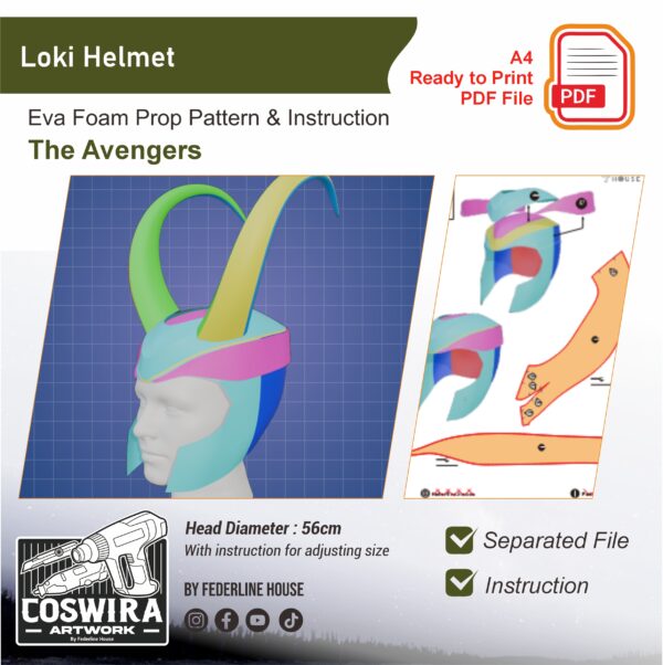 Loki Helmet Prop Pattern Template – EVA Foam Pattern for Cosplay & DIY Builds Inspired by Avengers